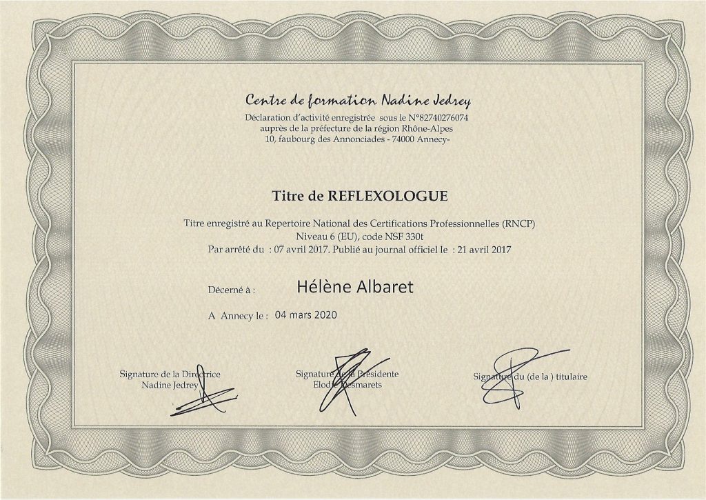 Diplôme de titre de Réflexologue enregistré au Répertoire National des Certifications Professionnelles